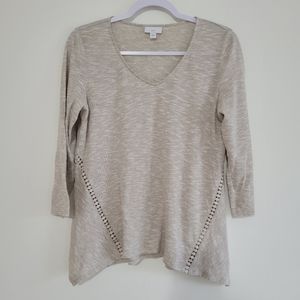 J.Jill Linen Blend V Neck Cross Crochet Overlay 3/4 Sleeve Cozy Oatmeal Top S‎